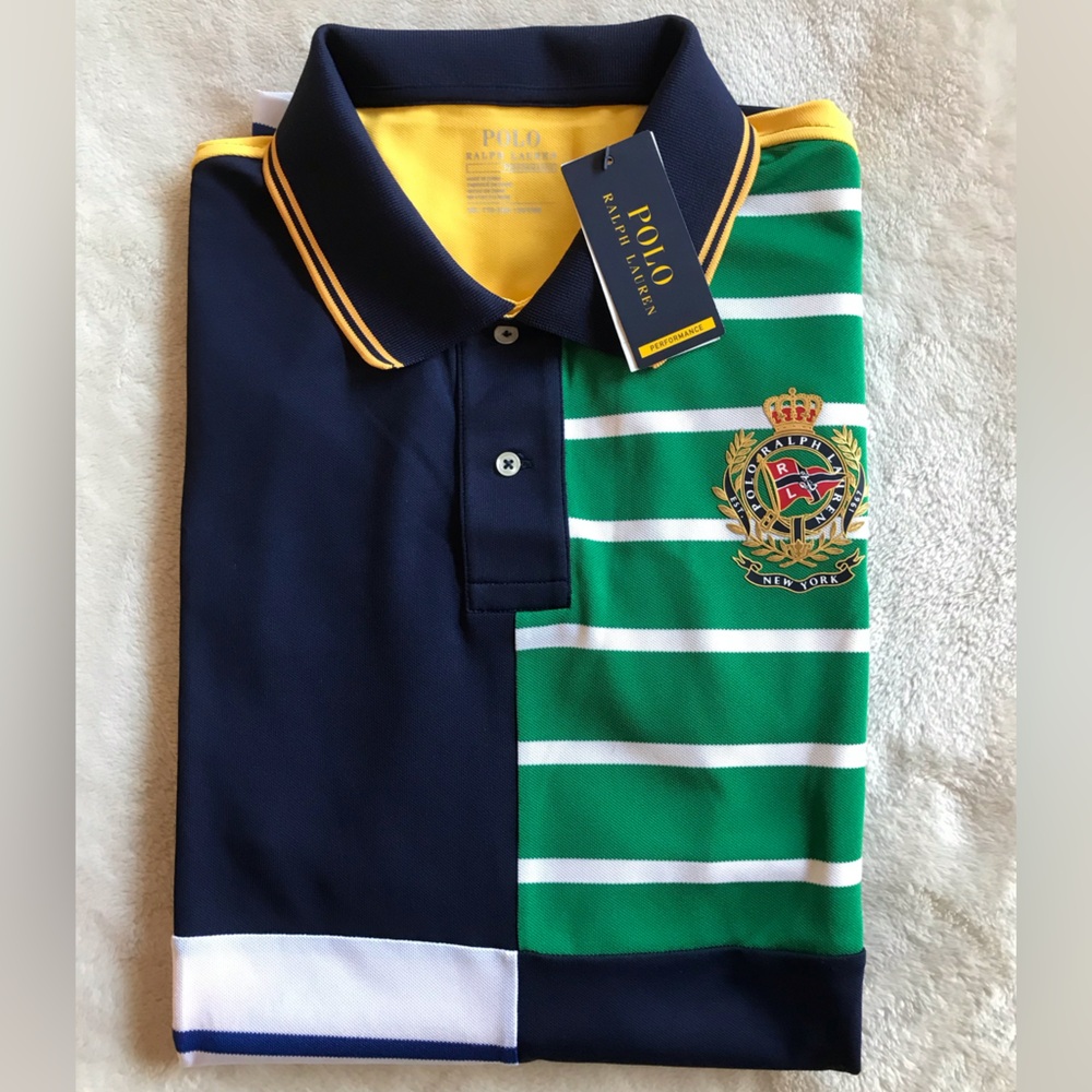 Polo Ralph Lauren Nantucket Crest Navy and Green Striped Yachting Shirt RLYC - Picture 2 of 14